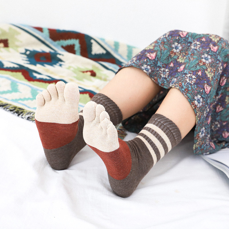 Toe Socks Autumn Winter Color Cotton Socks Female Middle Three Bar Female Socks